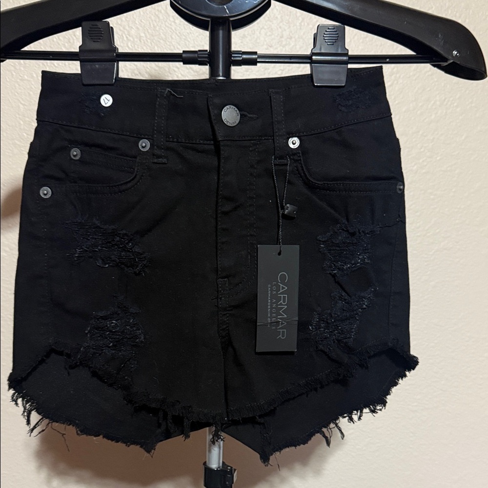 Carmar‎ Jet Black Ripped Jean Shorts